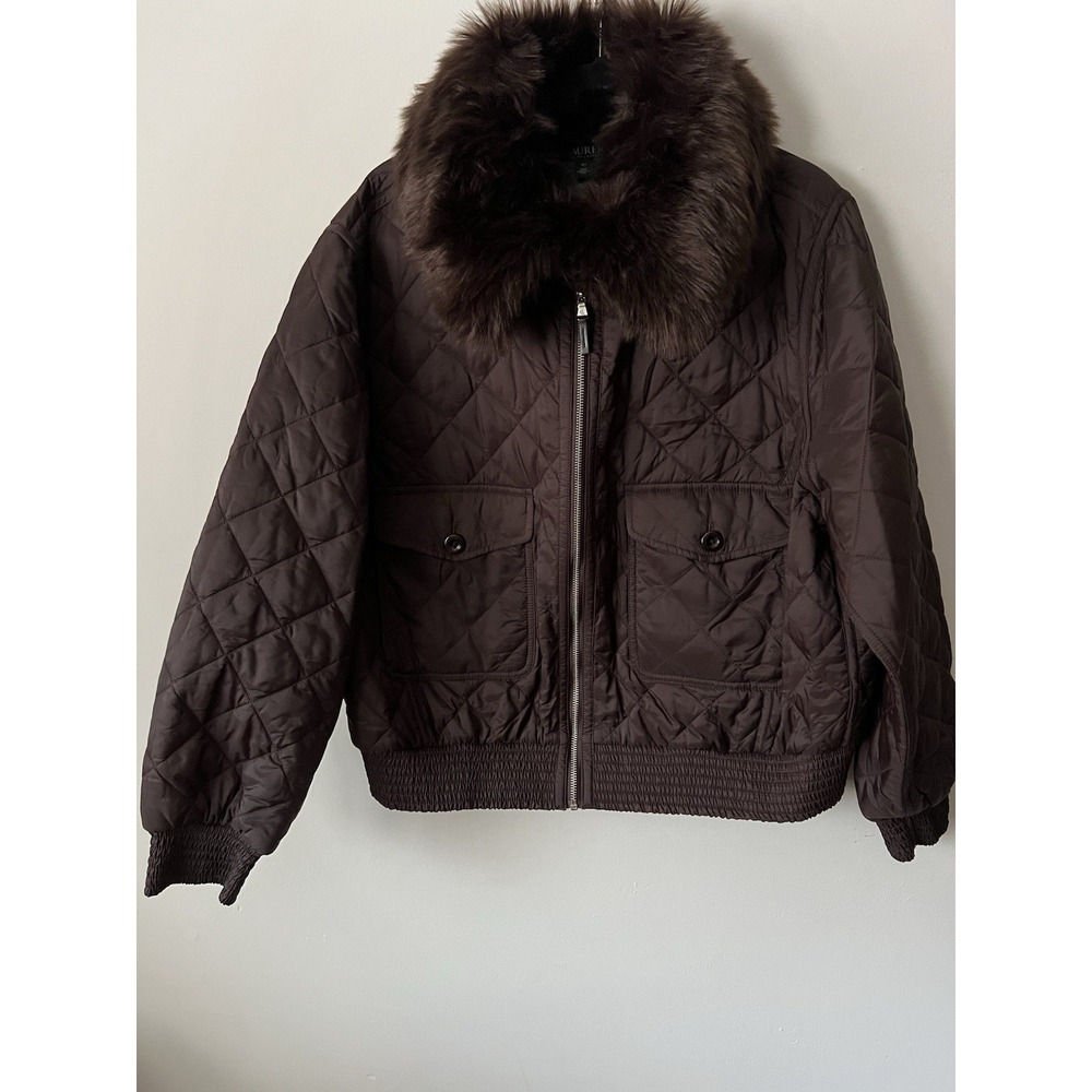LAUREN Ralph Lauren Brown Bomber Jacket w/ Faux Fur Collar Size 2X Quilted NWT